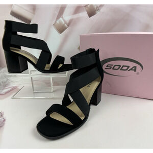 SODA Shoes Strappy Dress Sandals Womens Sz 9 Black 3" Block Heels Juice-S NEW